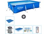 Piscina Bestway Pro Rettangolare In Acciaio - 300 X 201 X 66 Cm - Blu - Inclusa Copertura Della Pompa - Pacchetto Manutenzione - Filtro - Copertura Del Terreno