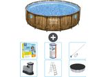 Piscina Bestway Round Power Steel Swim Vista - Stampa Su Legno - 488 X 122 - Inclusa Pompa - Scala - Copertura Pacchetto Manutenzione - Filtro - Kit Pulizia