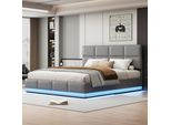 Letto A Molle Idrauliche Flieks 180X200Cm, Letto Imbottito Con Contenitore E Led, Letto Matrimoniale Con Rete A Doghe, Letto Contenitore Letto Per Ragazzi, Grigio Chiaro