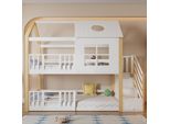 Letto A Castello Merax 90X200Cm Con Scale E Protezione Anticaduta, Letto Per Bambini Con Finestra E Tetto, Letto Casa Letto Per Ragazzi Letto A Castello In Legno Massiccio, Bianco/Naturale