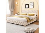 Letto Imbottito Flieks 160X200Cm Letto Per Ragazzi Con Rete A Doghe, Letto Matrimoniale Letti Classici Letto Per Bambini Letto In Legno Massiccio, Velluto, Beige