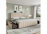 Letto Imbottito Flieks 140X200Cm Con Funzione Di Ricarica (Usb, Type-C), Letto Matrimoniale Contenitore Con 4 Cassetti, Letto Giovanile Funzionale, Biancheria, Beige