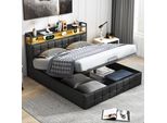 Letto Imbottito Fortuna Lai 160X200Cm Con Usb E Prese Di Corrente, Letto Per Ragazzi Letto Matrimoniale Con Rete A Doghe E Contenitore, Letto Contenitore Con Led, Pelle Finta, Nero