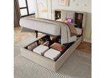 Letto Imbottito Flieks 90X200Cm Con Usb E Tipo C, Letto Contenitore A Molle Idrauliche Con Rete A Doghe, Letto Matrimoniale Letto Per Ragazzi Letto In Legno, Biancheria, Beige