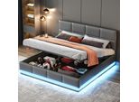 Letto Contenitore 160 X 200 Cm - Letto Matrimoniale Con Illuminazione A Led, Imbottito, Funzione Di Sollevamento Idraulico, Rete A Doghe, Testata, Rivestimento In Ecopelle - Grigio