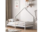 Letto Per Bambini Fortuna Lai 90X200Cm Con Protezione Anticaduta E Rete A Doghe, Letto A Casetta Con Camino, Letto In Legno Di Pino Per Bambini, Bianco