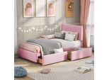 Letto Imbottito Merax 90X200Cm Con Testata Regolabile In Altezza, Letto In Legno Singolo Con Due Cassetti E Rete A Doghe, Letto Giovanile In Velluto Per Bambini, Rosa