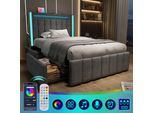 Letto Imbottito Flieks 90X200Cm Con Usb E Tipo C, Letto Contenitore Per Ragazzi Con 2 Cassetti, Letto Singolo In Legno Con Led E Rete A Doghe, Lino, Grigio