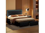 Letto Imbottito Fortuna Lai 140X200Cm Con Led, Testata Regolabile In Altezza E 4 Cassetti, Letto Matrimoniale Funzionale Con Rete A Doghe E Rivestimento In Pelle Finta, Grigio