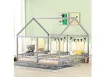 Letto Per Bambini Flieks Letto Casa 90X200Cm Per 2 Bambini, Letto A Terra Letto In Legno Massiccio Con Protezione Anticaduta E Rete A Doghe, 2 Letti Singoli Letto Matrimoniale, Grigio
