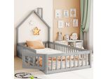 Letto Per Bambini Merax 90X200Cm Con Rete A Doghe, Letto A Terra Con Ringhiera E Porta, Letto In Legno Di Pino Letto Singolo Casa Letto Per Bambini Con Camino, Grigio