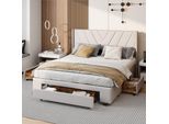Letto Imbottito Fortuna Lai 140X200Cm Con 3 Cassetti, Rete A Doghe E Testiera, Letto Matrimoniale Lino Letto Per Ragazzi Letto Funzionale, Beige