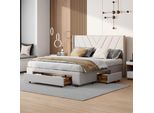 Letto Imbottito Fortuna Lai 160X200Cm Con 3 Cassetti, Rete A Doghe E Testata, Letto Matrimoniale Lino Letto Per Ragazzi Letto Funzionale, Beige