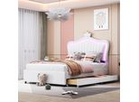 Letto Imbottito Flieks 90X200Cm Con Rete A Doghe, Letto Per Ragazzi Letto Per Bambini Con Led, Letto Singolo Con 2 Cassetti, Letto In Legno Letto Classico, Pu, Bianco