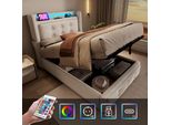 Letto Imbottito Flieks 90X200Cm Con Funzione Di Carico, Letto Singolo Per Ragazzi Con Led, Letto Contenitore Idraulico Con Rete A Doghe, Cotone, Beige