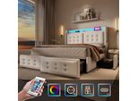 Letto Imbottito Flieks 180X200Cm Con 4 Cassetti, Letto Contenitore Letto Matrimoniale Con Funzione Cassetto, Letto Per Ragazzi Letto In Legno Con Led, Letto Funzionale In Cotone, Beige