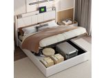 Letto Imbottito Fortuna Lai 160X200Cm Con Usb, Letto Per Ragazzi Letto Matrimoniale Con Rete A Doghe E Contenitore, Letto Contenitore, Biancheria, Beige