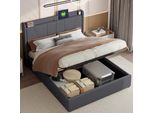 Letto Imbottito Fortuna Lai 160X200Cm Con Usb, Letto Per Ragazzi Letto Matrimoniale Con Rete A Doghe E Contenitore, Letto Contenitore, Lino, Grigio