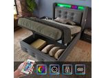 Letto Imbottito Flieks 90X200Cm Con Funzione Di Carico, Letto Singolo Per Ragazzi Con Led, Letto Contenitore Idraulico Con Rete A Doghe, Cotone, Grigio
