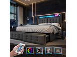 Letto Imbottito Flieks 140X200Cm Con 4 Cassetti, Letto Contenitore Letto Matrimoniale Con Funzione Cassetto, Letto Per Ragazzi Letto In Legno Con Led, Letto Funzionale In Cotone, Grigio