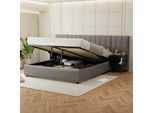 Letto Imbottito Flieks 160X200Cm Con 2 Comodini, Letto A Molle Idrauliche Letto Matrimoniale Con Rete A Doghe, Letto Contenitore In Legno Letto Con Contenitore, Biancheria, Grigio