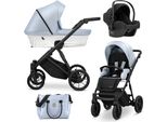 Ivento Passeggino Seggiolino Auto Per Bambini Set Completo Passeggino Seggiolino Auto 3 In 1 (Eco Baby Blue Metallic, Colore Telaio: Nero)