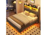 Letto Imbottito Flieks 140X200Cm Con Funzione Cassetto, Letto Matrimoniale Letto Per Ragazzi Con Led, Letto Contenitore Letto In Legno Con Testiera Contenitore, Biancheria Da Letto Galleggiante, Grigio