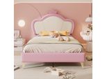 Letto Imbottito Flieks 90X200Cm Con Testata Sagomata A Corona, Letto Per Ragazzi Letto Per Bambini Con Rete A Doghe, Letto Singolo Letto In Legno Letto Classico, Pu, Rosa