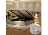 Letto Imbottito Flieks 180X200Cm Con Funzione Di Ricarica (Usb&Ricarica Wireless), Contenitore Idraulico Letto Matrimoniale Letto A Molle Con Lampada, Lino, Grigio