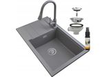Granitan | Lavello In Granito Louis - 800 X 500 Mm - Grigio - Da Incasso Con Scolapiatti E Miscelatore Snake