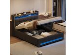 Letto Imbottito Flieks 140X200Cm Con Funzione Di Ricarica (Usb E Presa), Letto A Molle Insacchettate Con Contenitore, Letto Per Ragazzi Letto Matrimoniale Con Led, Biancheria, Grigio