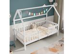 Letto Per Bambini Aiorber, 90X200 Cm, Letto A Casetta Con Tetto, Camino E Recinzione In Legno Di Pino, Rete A Doghe Stabile E Durevole, Bianco
