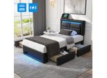 Letto Imbottito Flieks 90X200Cm Con Usb, Letto Contenitore Letto Singolo Con Rete A Doghe E 4 Cassetti, Letto Per Ragazzi Con Led, Letto In Legno Letto Funzionale, Pu, Nero
