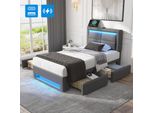 Letto Imbottito Flieks 90X200Cm Con Usb, Letto Contenitore Letto Singolo Con Rete A Doghe E 4 Cassetti, Letto Per Ragazzi Con Led, Letto In Legno Letto Funzionale, Pu, Grigio