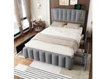 Letto Imbottito Aiorber, 140X200Cm, Letto Con Rete A Doghe (Senza Materasso), Con Illuminazione A Led, Connessione Usb E 4 Cassetti, Lino E Mdf, Per Piccoli Appartamenti, Grigio