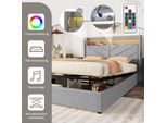 Aiorber Letto Imbottito 140X200Cm Con Rete A Doghe, Letto A Molle Insacchettate Idraulico Con Contenitore, Illuminazione Ambientale Led Regolabile, Impianto Stereo, Lino, Grigio