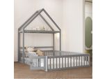 Letto Per Bambini Flieks 140X200Cm Con Asta Appendiabiti, Letto Da Terra Con Porta, Letto Matrimoniale In Legno Con Protezione Anticaduta E Rete A Doghe, Grigio