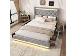 Letto Piano Aiorber, Letto Imbottito, 140X200Cm, Letto Con Rete A Doghe, Illuminazione Ambientale Led Regolabile, 4 Cassetti, Velluto, Per Appartamenti, Camere Da Letto, Grigio