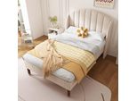 Letto Imbottito Aiorber, 90X200Cm, Velluto, Con Rete A Doghe E Testata Imbottita, Letto Singolo, Con Robusti Piedini Da 20 Cm, Supporto In Legno, Stabilità, Beige