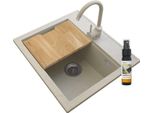 Granitan | Lavello In Granito Foxal - Beige - Incluso Rubinetto Da Cucina E Inserto In Legno - Alta Qualità E Funzionalità