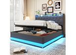 Letto Imbottito Flieks 140X200Cm Con Usb, Letto Contenitore Letto Matrimoniale Con Rete A Doghe E Led, Letto A Molle Idrauliche Letto Per Ragazzi, Biancheria, Grigio