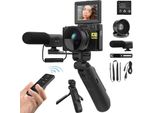 Fine Life Pro 4K Videokamera Camcorder Digitalkamera, 48MP Fotokamera, 16x Digitalzoom Vlogging Kamera mit Stativ und Mikrofon, Kompaktkamera mit 32GB