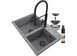 Granitan | Lavello In Granito Hektor - 800 X 500 Mm - Grigio - Con Miscelatore Nero E Sifone Manuale