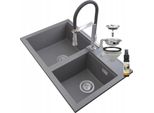 Granitan | Lavello In Granito Hektor - Grigio - 2 Scomparti - Design Moderno - Rubinetto E Sifone Inclusi