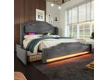 Letto Imbottito Flieks 180X200Cm Con Usb E Type-C, Letto Contenitore Letto Matrimoniale Con 4 Cassetti E Led, Letto In Legno Letto Giovanile Con Rete A Doghe, Velluto, Grigio