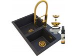 Granitan | Lavello In Granito Hektor - Nero - Design Moderno - Con Miscelatore Oro E Sifone Manuale