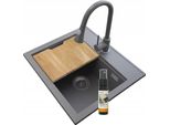 Lavello Foxal In Granito Granitan | - Grigio - Con Rubinetto Da Cucina Snake - Incluso Asse Di Legno E Prodotto Di Manutenzione