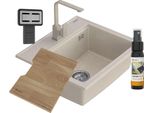 Granitan | Lavello In Granito Foxal - Beige - Design Moderno - Rubinetto Da Cucina E Asse Di Legno Inclusi