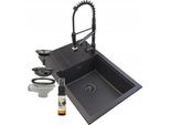 Granitan | Lavello In Granito Louis - 800 X 500 Mm - Nero Marmorizzato - Con Rubinetto Da Cucina E Syfon