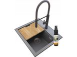 Granitan | Lavello In Granito Foxal - Grigio - Rubinetto Alto Nero Per Cucina - Incl. Tavola Di Legno E Prodotto Per La Manutenzione